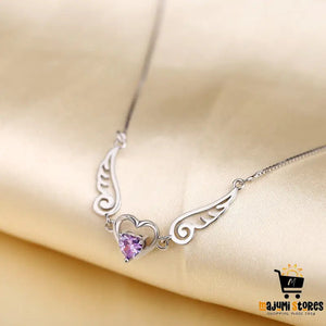 Angel Wings Heart Necklace with Purple Crystal