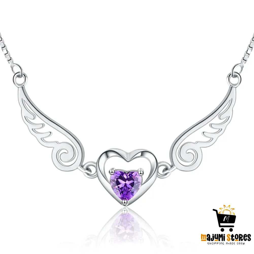 Angel Wings Heart Necklace with Purple Crystal