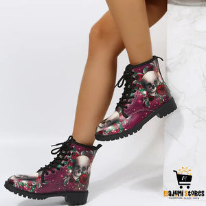 Rose Print Lace-up Ankle Boots