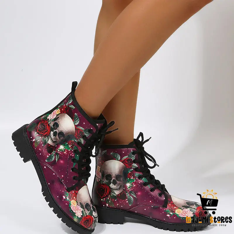Rose Print Lace-up Ankle Boots