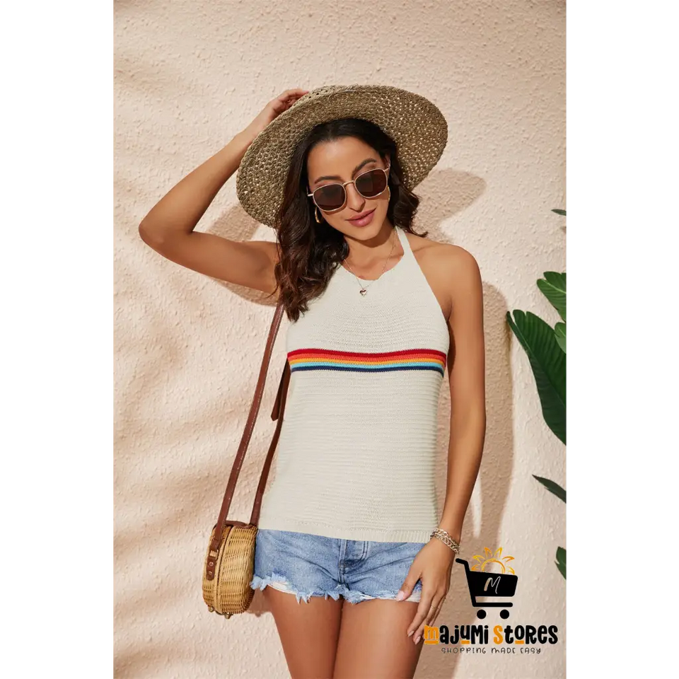 Rainbow Color-blocking Knitted Halter Top