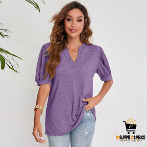 Pleated Puff Sleeve V Neck Tops