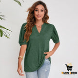 Pleated Puff Sleeve V Neck Tops