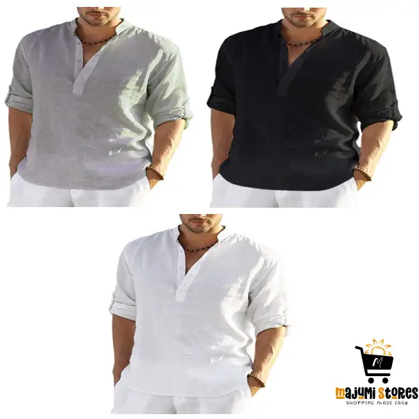 Loose Stand Collar Cotton Linen Shirt - Men’s Casual Long
