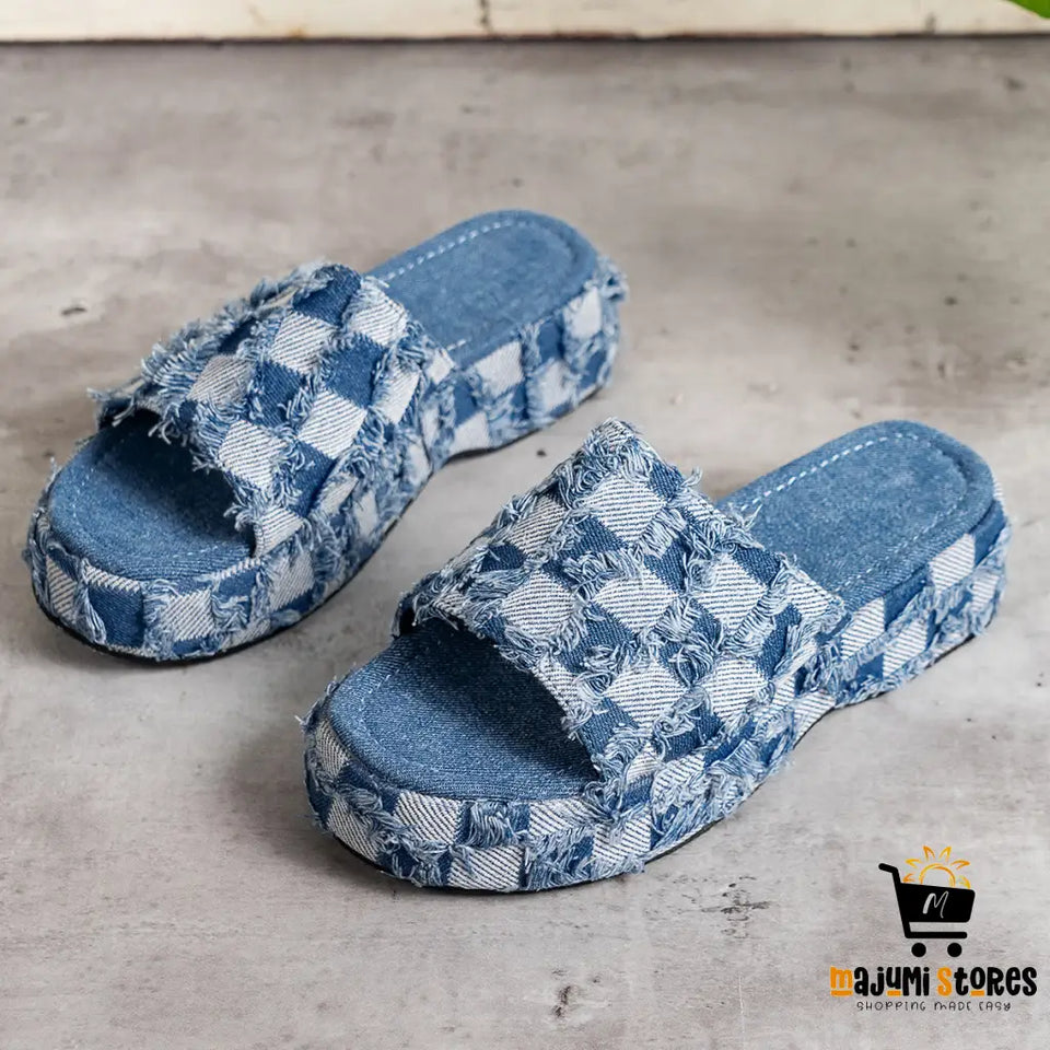 Denim Slippers with Slope Heel and Thick Bottom