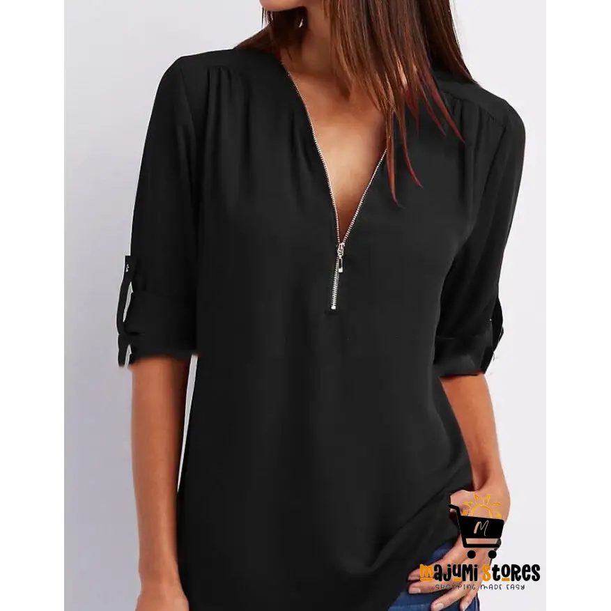 Short Sleeve Loose Zip V-neck Women’s Tops