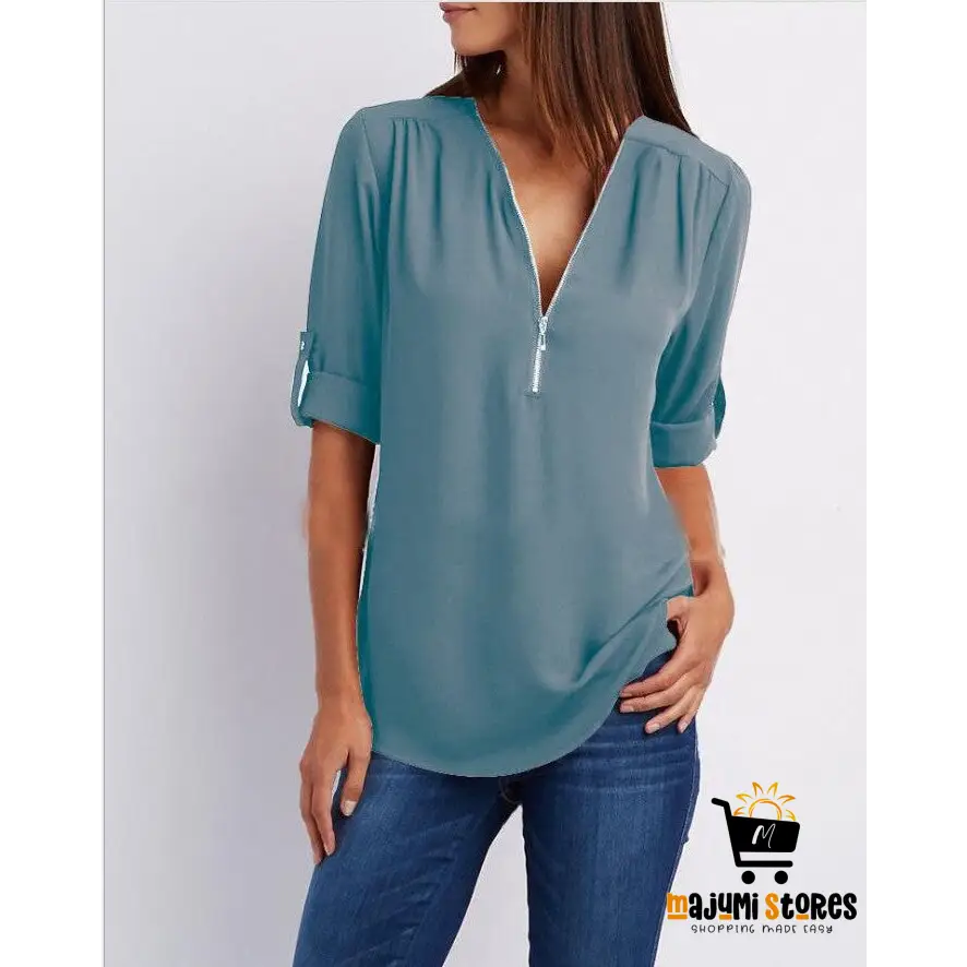 Short Sleeve Loose Zip V-neck Women’s Tops